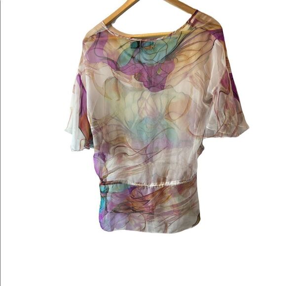 COSTA BLANCA Beige Floral Watercolour Semi Sheer Flutter Short Sleeve Top XS - Picture 3 of 7